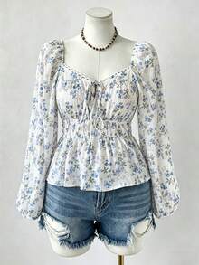 Flirla Blusa elegante con motivo floreale ditsy, colletto a forma di cuore con fiocco, inserti in pizzo sul colletto, maniche a lanterna, design vita segnata, dettaglio fiocco arricciato, orlo con volant, camicia graziosa - Blu e Bianco - Visualizzare 3