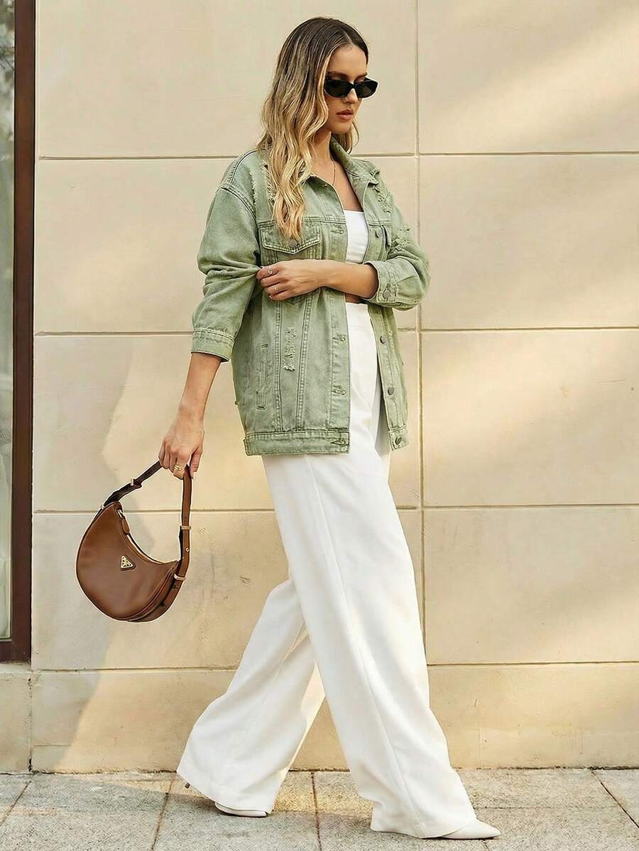 Selenza Áo khoác denim màu xanh dương cài nút, túi nắp phía trước, vai rớt - xanh quân đội - Xem 1