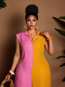 Maweii Plus Size Color Block Half-Zip Lapel Wide Leg Jumpsuit Brunch Formal Pink Summer Casual - Multicolor - View 2