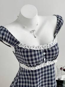 Elamini 海军蓝复古格纹方领撞色荷叶边娃娃衫A字女式衬衫，春夏款 - 藏蓝色 - 查看 3