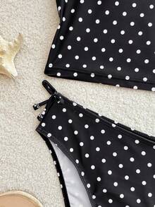 SHEIN Teen Girls' Black Polka Dot Print Tankini 2 Pieces Swimsuit Set, Spaghetti Strap, For Beach Vacation, Spring/Summer - Black - View 8