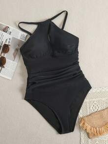 Swim Basics Đồ bơi một mảnh dây chéo cho nữ, màu đen, thắt eo, mặc đi biển thường ngày mùa hè - màu đen - Xem 4