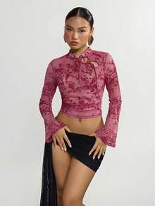 SHEIN ICON Áo kiểu nữ cổ điển chất liệu lưới, chất liệu nhung, cổ khoét, tay loe. - Hồng - Xem 3