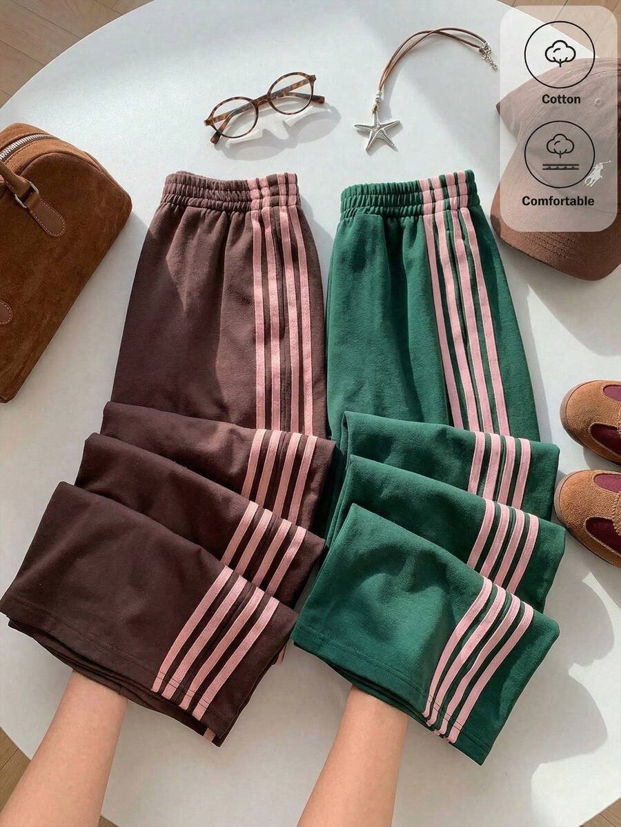 Comfortcana 2 piezas Pantalones deportivos anchos de mujer con bloques de color y rayas, aptos para verano, otoño e invierno, adecuados para el uso diario, citas y fiestas - Multicolor - Ver 1