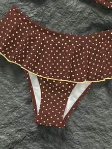 Swim Mod Ensemble de bikini à imprimé pois rétro rouge et blanc pour femmes, Top de bikini triangle sexy à bordure contrastée et mini-jupe, maillot de bain vintage sexy et à la mode pour les vacances - Multicolore - Voir 5