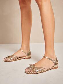 Solezae Women's Fashion Comfy Knot Decor Cutout Flat Sandals Summer Shoes - Gold - View 2