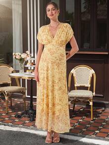 Momance 优雅法式花卉印花宽松V领落肩褶皱A字蕾丝孕妇连衣裙 - 杏色 - 查看 6