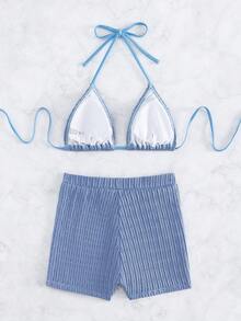 Swim Vcay 女士夏季性感沙滩度假纯色纹理面料露背系带开衩比基尼套装 - 藍色 - 查看 8