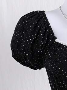 SHEIN 少女夏季休闲波点印花撞色蕾丝纽扣装饰衬衫 - 黑色 - 查看 3
