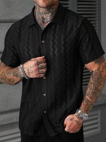 Manfinity CasualCool Kemeja Lengan Pendek Polos Kasual Pria, Musim Panas - Hitam - View 4