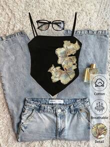 Travachic Camiseta de tirantes con bajo asimétrico, bordado y parches de contraste de color para mujer - Negro - Ver 7