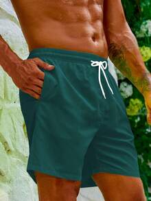 Manfinity KASUA Pantalones cortos de playa para hombre de unicolor simple con cintura con cordón y bolsillos inclinados, adecuados para vacaciones de verano y días festivos - Verde Oliva - Ver 6