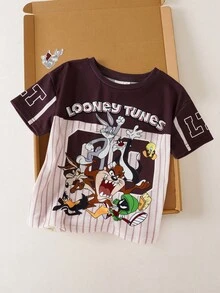 LOONEY TUNES X SHEIN Toddler Boy Colorblock Striped Cartoon Letter Print Short Sleeve T-Shirt - Apricot - View 2