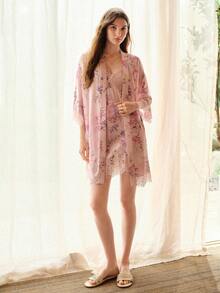 MOTF PREMIUM FLORAL PRINT LACE PATCHWORK CAMISOLE SHORT SLEEP DRESS, SPRING/SUMMER - Mauve Purple - View 6