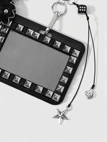 ROMWE 1 Y2k Retro Personalized Fashion Heavy Industry Punk Dark Wind Goth Black Leather Rivets Hand-Sewn Edge Three-Dimensional Cotton Filling Love Knotted Lace Resin Dice Ancient Silver Strawberry Star Acrylic Horizontal Card Sliding Cover Card Campus Card ID Card Cover Work Card Cover Star Card Travel Traffic Card Cover DIY Keychain Bag Pendant, Suitable For Office Workers, Students, Party Girls And Ladies Daily Wear, Holiday Gifts - Black-152 - View 6