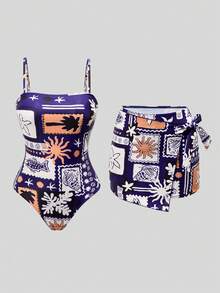Swim Oasis 女士蓝白热带椰树印花连体泳衣，优雅休闲沙滩度假装 - 彩色 - 查看 4