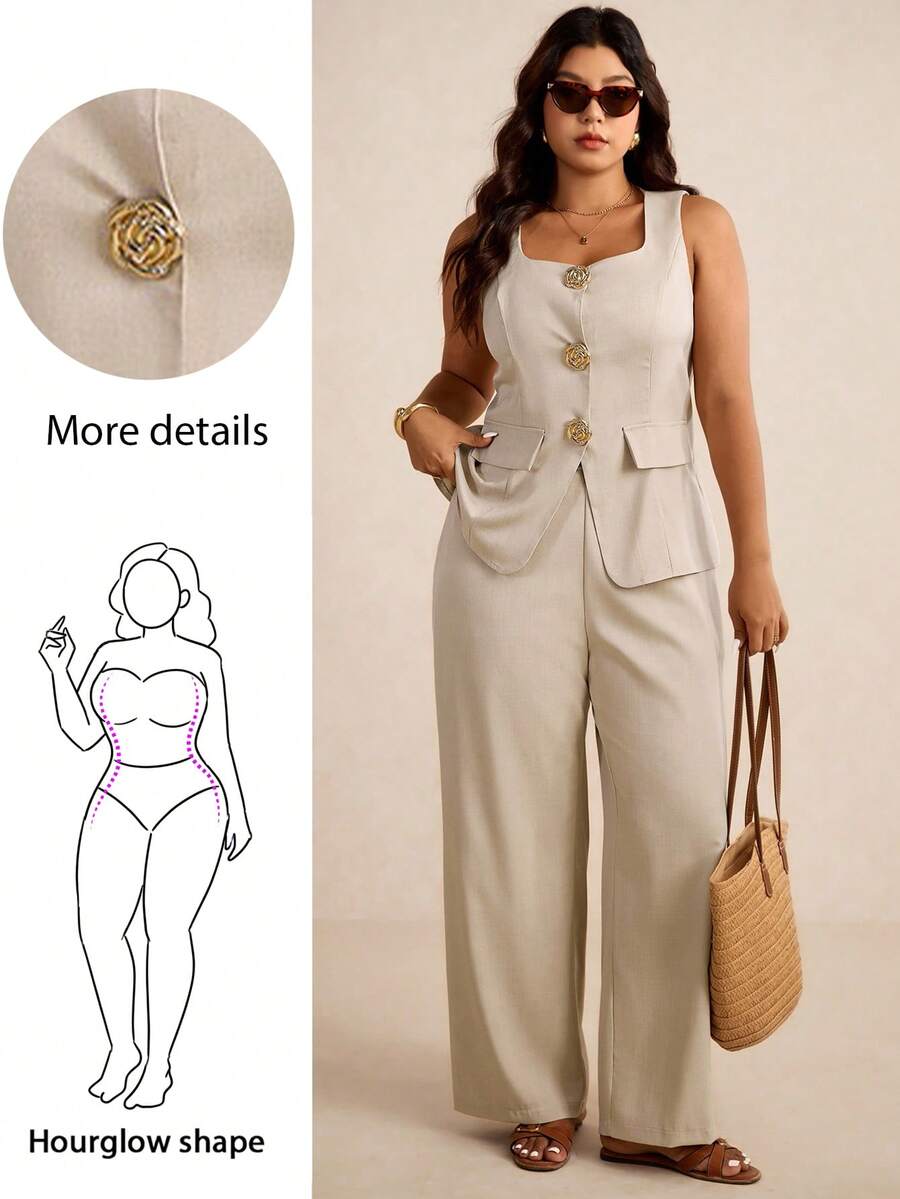 Hourglow Plus Size Women Metal Floral Decor Vest And Pants Elegant 2 Pieces Set,Business Casual Woman, For Hourglass Body Shape, For Summer - Khaki - View 1
