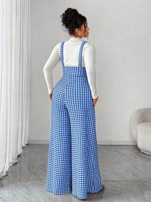 SHEIN Tall CURVE 大码千鸟格印花无袖连体裤，带斜插口袋 - 藍色 - 查看 2