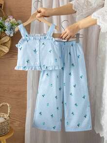SHEIN Playful Pals 2026春夏新款女童可爱柠檬印花荷叶边吊带上衣和裤子两件套，面料柔软，时尚度假/旅行必备，夏季休闲装 - 藍色 - 查看 4