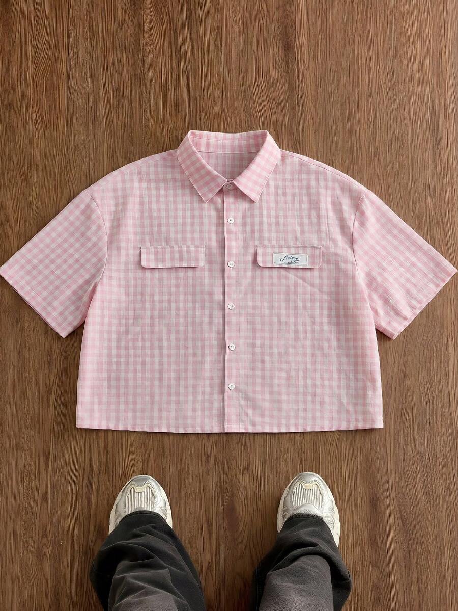 SWAVVY เสื้อเชิ้ตลำลองแขนสั้นพิมพ์ลายสก๊อตสำหรับผู้ชาย - สีชมพู - ดู 1