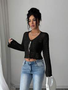 Selianne Women's Elegant Fitted Hollow-Out Tie Front Boho Holiday Vacation Flare Sleeve Cardigan, Spring/Summer - Black - View 7