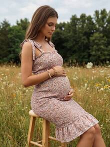 Boho Mama 孕妇休闲碎花荷叶边修身吊带连衣裙，适合度假 - 粉色 - 查看 3