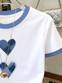 Süßes Retro Casual Herz Kontrastfarben Muster Muster, Teenager Mädchen Minimalistisch anliegendes Rundhals Kurzarm Crop Top mit hoher Taille, geeignet für den Sommer - Verschiedenfarbig - Übersicht 5