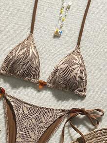 Swim Vcay 女士性感吊带纹理网纱比基尼套装 + 配套纹理网纱短裤，春夏款 - 棕色 - 查看 3
