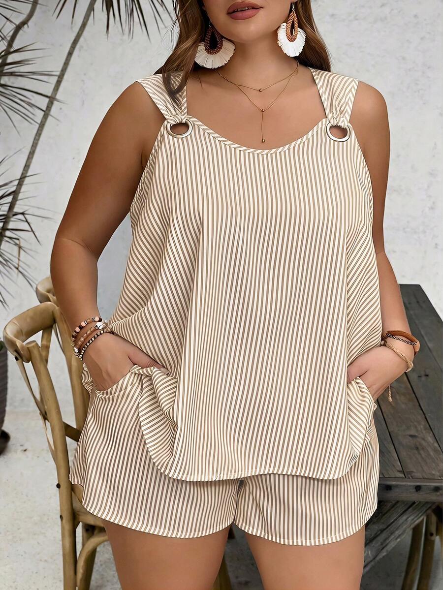 SHEIN VCAY Bộ đồ đi biển 2 mảnh dành cho nữ cỡ lớn, áo ba lỗ và quần short kẻ sọc xanh trắng. - Màu Khaki - Xem 1