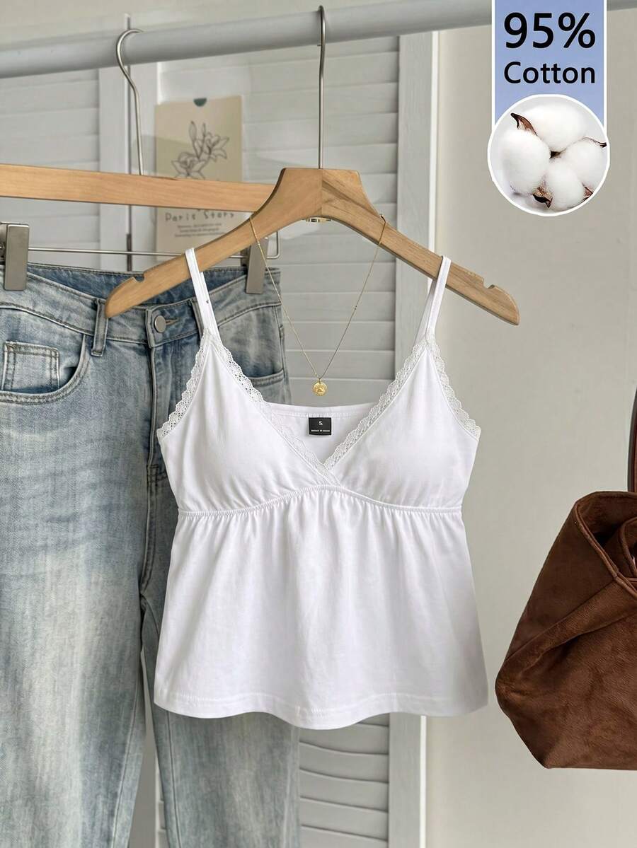 CovetEZ Camiseta de mujer de unicolor con volantes de encaje en el bajo - Blanco - Ver 1