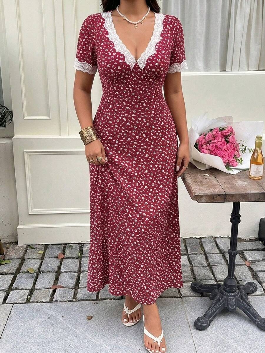 Sunnyshic Vintage Red Floral Lace V-Neck Dress, French Romantic Waist-Cinched Slimming Tea-Length Dress, Vacation Vibe - Burgundy - View 1