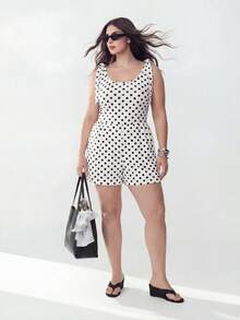 Solavibe Plus Size Women Polka Dot Knotted Shoulder Casual 90s Everyday Jumpsuit, Summer Outfits, Going Out Brunch Beach Oufits - White - View 5
