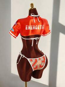 Amplova 3 pièces Top style jersey avec imprimé numérique et bas de bikini triangle, avec crop top super court ajouré. Tenue de plage sexy et à la mode pour les vacances - Orange - Voir 1