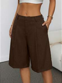 SHEIN PETITE Spring Minimalist Commuter Grey Bermuda Shorts For Women - Brown - View 5