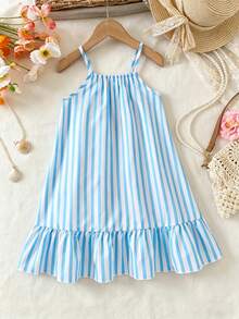 SHEIN Elladie kids 女童春夏简约清新连衣裙，梭织面料，蓝白条纹红色花卉数码印花，荷叶边下摆，无袖直筒连衣裙，可爱休闲，甜美时尚，适合日常穿着、外出、旅行、派对等场合。 - 藍色 - 查看 2