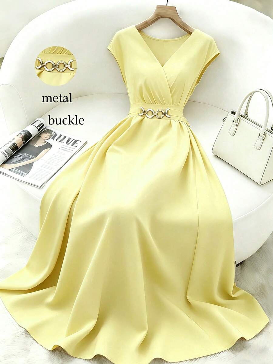 Franclia Đầm đỏ anh đào thanh lịch dành cho nữ, cổ chữ V, tay cánh dơi, eo thắt, dáng xòe, không tay, thích hợp cho mùa xuân/hè. - Vàng nhạt - Xem 1