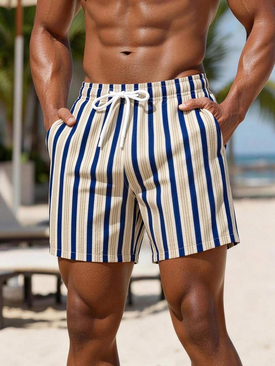 Manfinity KASUA Men's Blue And White Striped Summer Tropical Holiday Pool Party Vacation Swim Trunks,Drawstring Waist Slant Pocket Loose Casual Beach Shorts Suits - Multicolor - View 1