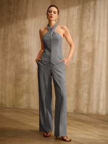 MOTF PREMIUM 2PCS WOMEN'S SET: HALTER BACKLESS TOP + SLIM FLARE LEG PANTS, RETRO STYLE - Grey - View 4