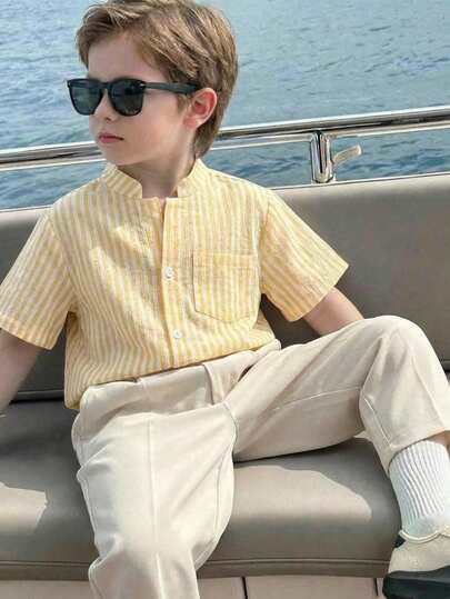 LMoss Kids Bộ 2 món áo sơ mi và quần sọc màu trơn dệt kim cho bé trai