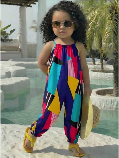 SHEIN Baby Girl Woven Geometric Print Jumpsuit Vacation Jumpsuit Baby Girl Vacation Wear Colorful Little Kid Outfit Colorful Infants Jumpsuit Colorful Jumpsuit, Kids