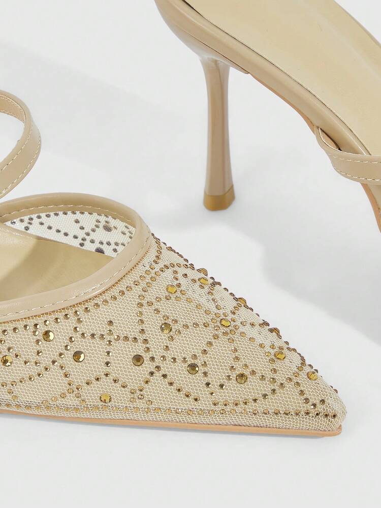 CUCCOO SZL Pointed Breathable Mesh Rhinestone Hollow Fashion Elegant Versatile Sexy Fairy Banquet Apricot High Heels Summer Shoes