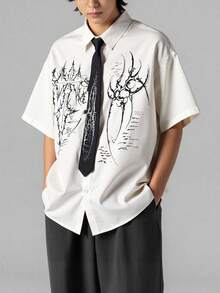Men's Necktie, Printed Short Sleeve Shirt - White - View 1