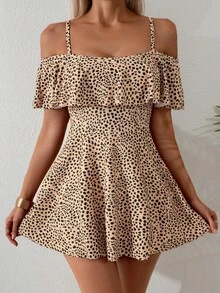 SHEIN Conjunto de dos piezas de traje de baño con tirantes finos, diseño de estampado de animales y flores, y dobladillo irregular con volantes, para mujer, estilo de playa, fiesta y vacaciones de verano - Multicolor - Ver 4