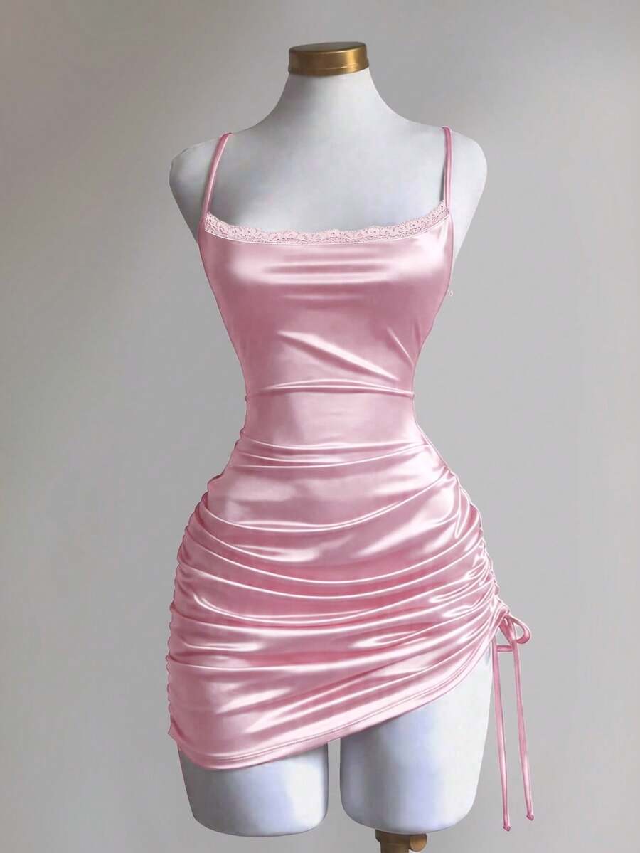 SHEIN Unity Spring Summer New Design Sense High Street Elegant Retro Sexy Slim Fit Elegant Vacation Versatile Comfortable Lace Ruffle Baby Pink Casual Dress - Pink - View 1