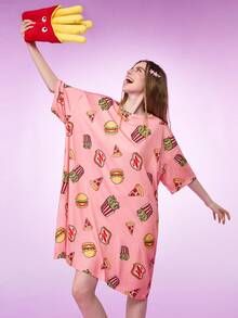 1 bộ đồ ngủ nữ dáng rộng in hình hamburger, khoai tây chiên, pizza. - Nhiều màu - Xem 1