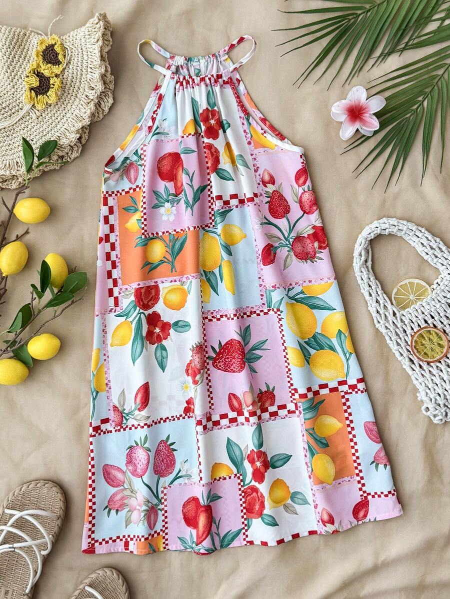 Đầm không tay cổ yếm in hình hải sản cho bé gái tuổi teen, đầm mùa hè thoải mái, thích hợp đi biển, cắm trại, trang phục đa năng. - Nhiều màu - Xem 1