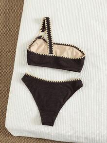 Bonvoyette Bộ bikini nữ màu nâu, chất liệu jacquard, viền răng cưa, kiểu dáng lệch vai, phụ kiện kim loại, thanh lịch, thích hợp cho mùa xuân và mùa hè. - Màu nâu  Mocha - Xem 2