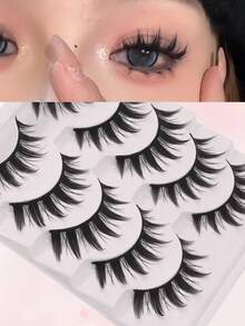 5Pairs Anime Cat Eye Fluffy Lashes European Style Multi Pair Set Reusable D Curl Extra Thick Professional Makeup For Cosplay Stage Dramatic Eye Look Easy Application For Beginners - Black - View 2