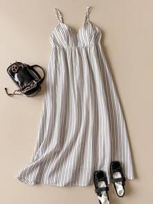 SHEIN Unity Adjustable Spaghetti Strap White Striped Pattern Dress,Minimalist Sexy Summer Brunch Outfit,Elegant Office Lady Vintage Workwear Golf,Graduation - Blue - View 3