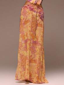 MUSERA Contrast Printed Chiffon Tie Side Flowy Maxi Skirt Only Girly Spring Summer Vacation Night Out Cute Occassion Golden Sands - Multicolor - View 4